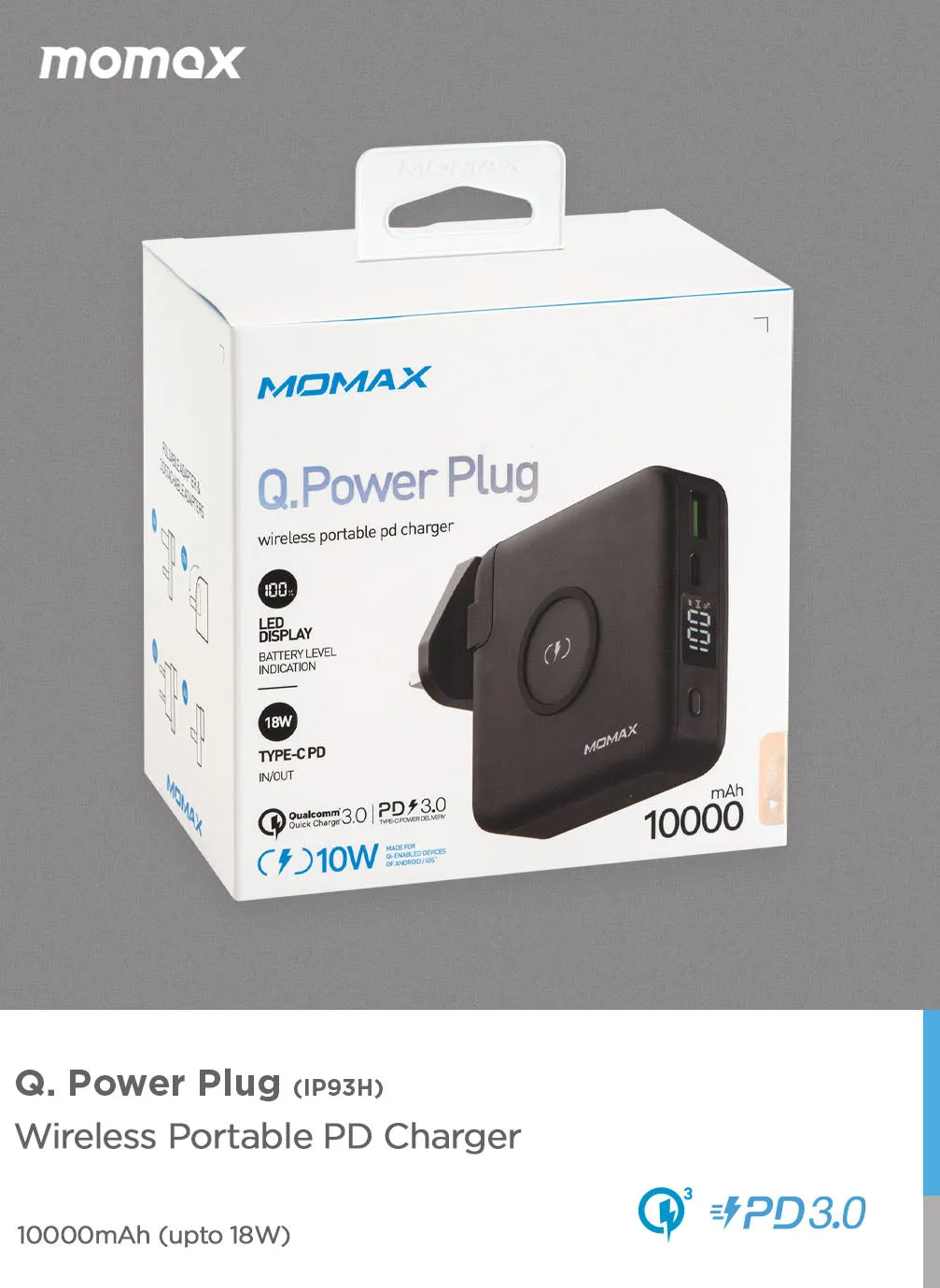 Momax Q.Power Plug Adapter [10000mAh] with Wireless Portable Charger [10W]