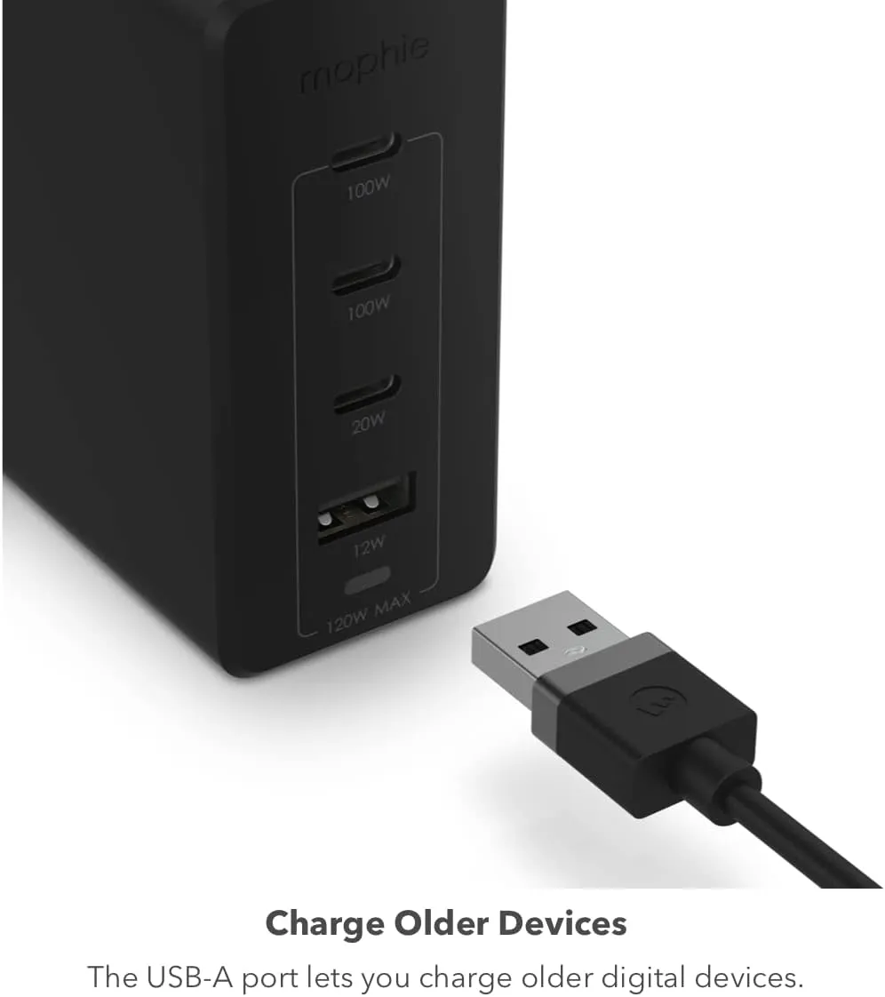 Mophie speedport 120 USB-C Charger GaN 120W, 4-Port Fast Compact Wall Charger for MacBook Pro/Air, iPad Pro, Samsung Galaxy S25/S24, Dell XPS 13, Google Pixel 9, iPhone 14/13/12 Pro, and More - Black
