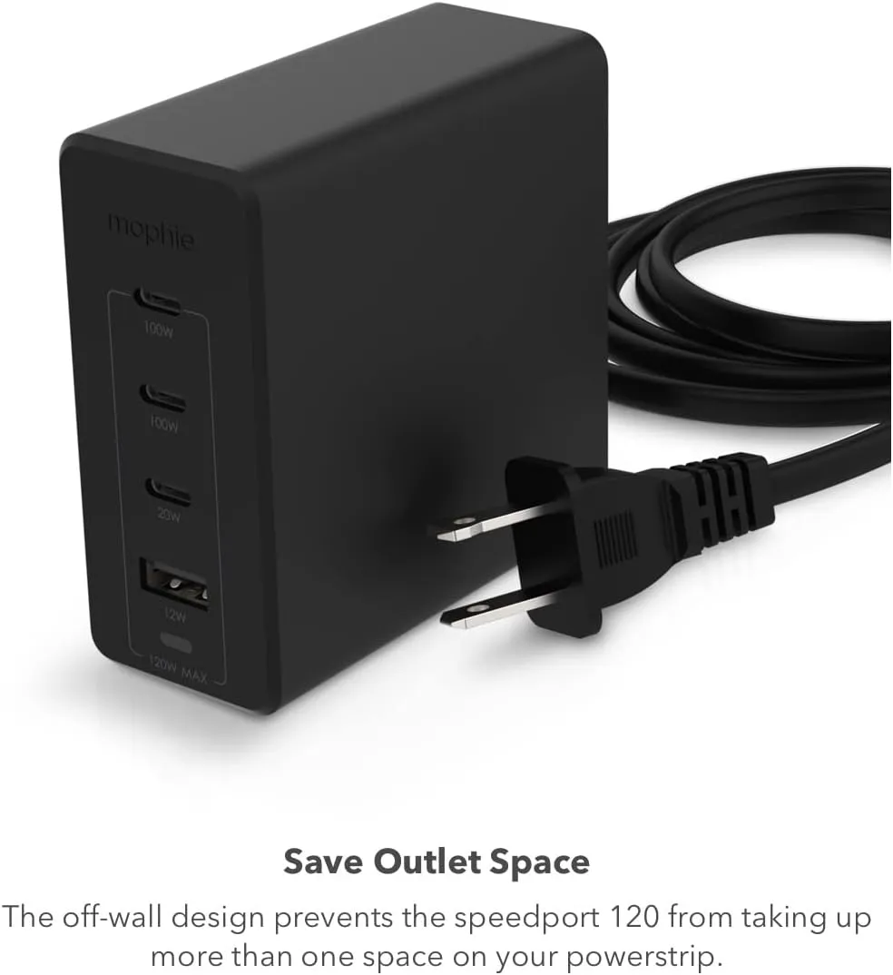 Mophie speedport 120 USB-C Charger GaN 120W, 4-Port Fast Compact Wall Charger for MacBook Pro/Air, iPad Pro, Samsung Galaxy S25/S24, Dell XPS 13, Google Pixel 9, iPhone 14/13/12 Pro, and More - Black