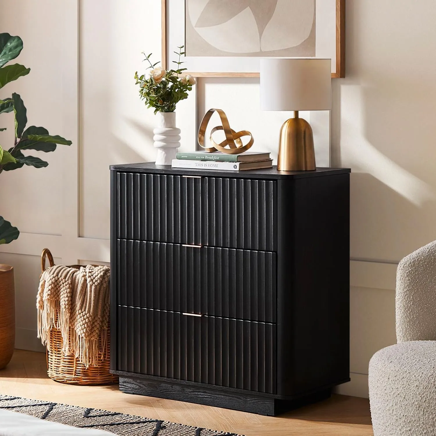 mopio Brooklyn 3 Drawer Dresser for Bedroom, Mid Century Modern Chest of Drawers, Wood Tall Nightstand, Waveform Fluted Side Table, Enhanced Safety, ASTM F2057-23 Sturdy Compliant (Black)