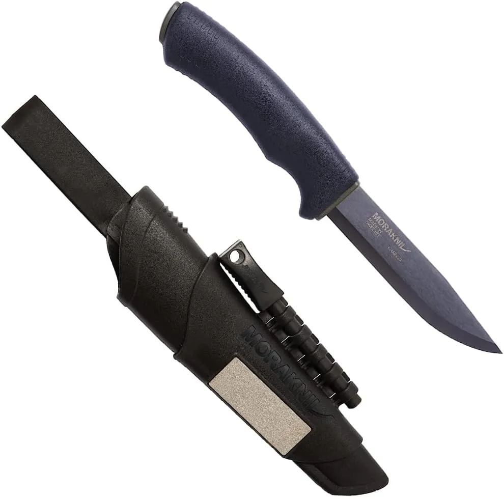 Morakniv Carbon Steel Fixed-Blade Bushcraft Survival Knife with Sheath and Fire Starter, Black, 4.3 Inch