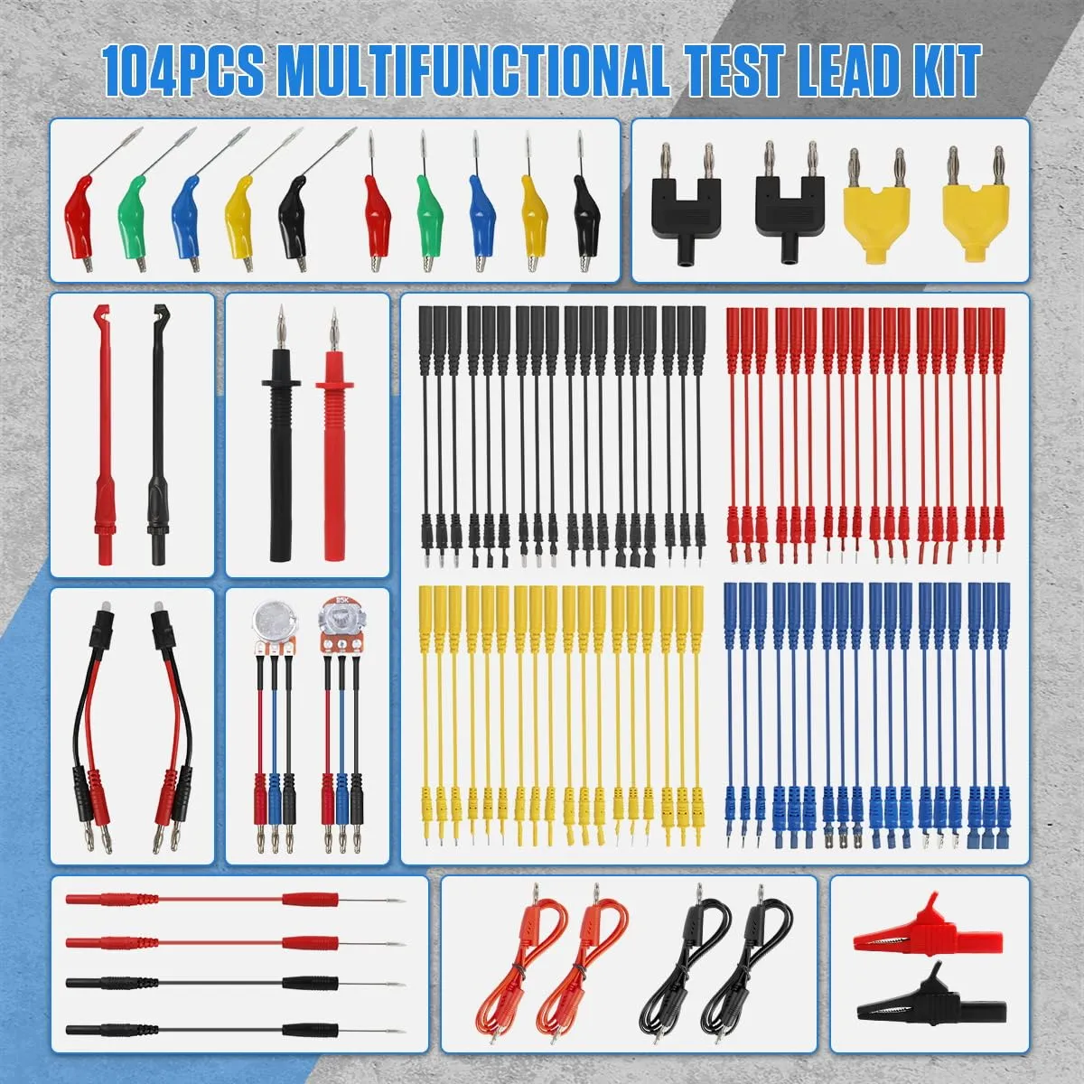 Multimeter Test Leads Kit 104PCS Multimeter Leads Kit Multi Function Electrical Back Probe Kit Efficient Automotive Circuit Test Leads Kit Relay Wire Terminal Test Diagnostic Tool with Alligator Clips