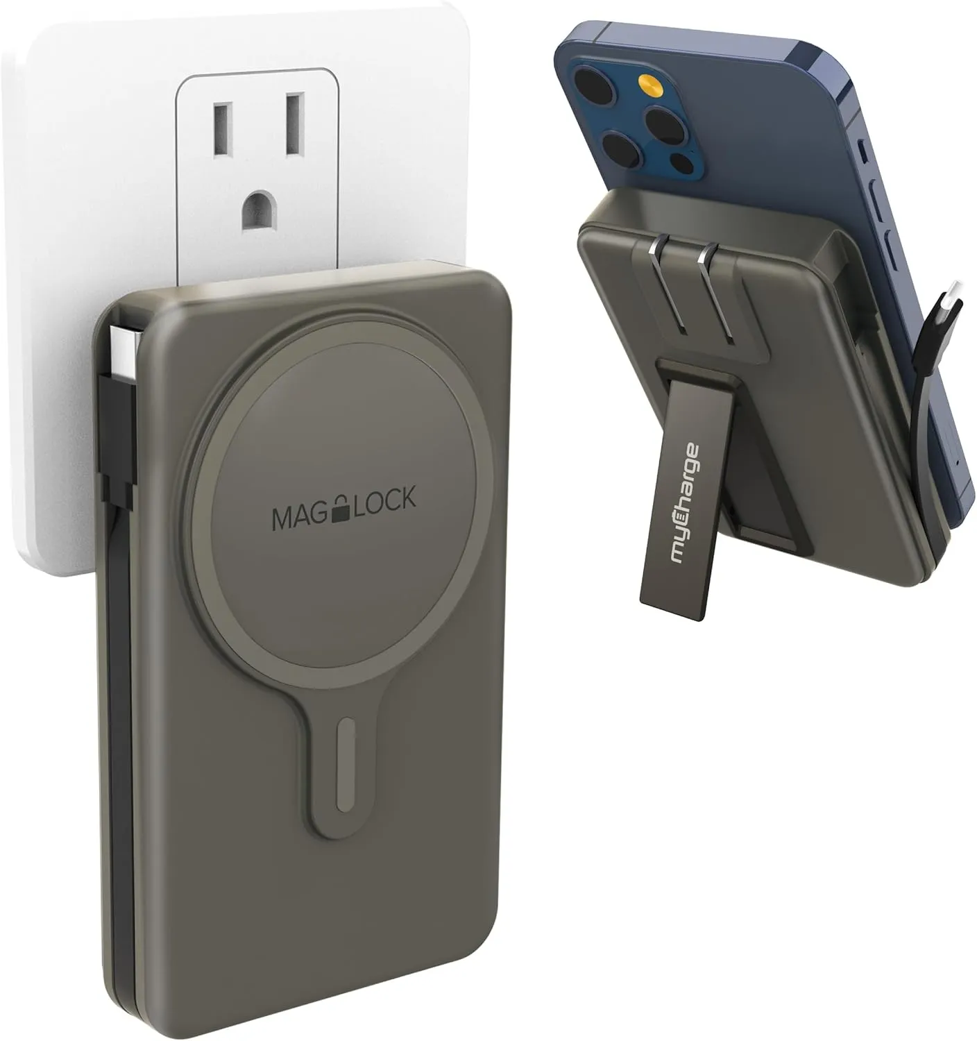 myCharge Portable All-in-One Charger for iPhone - MagLock Hub 5000mAh Wireless Magnetic Power Bank & Built-in Type C Cable, Mini Stand - Fast Charging Battery Pack, MH50K-A