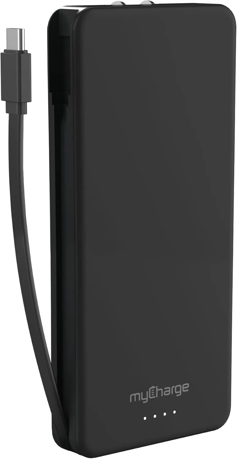 myCharge Power   Plug Portable Charger USB C Dual Power Bank with 20,000mAh Internal Battery, Built-in Cable, Additional Port, Fold Away Wall Plug for Fast Charging of Apple, Android, 120 hrs