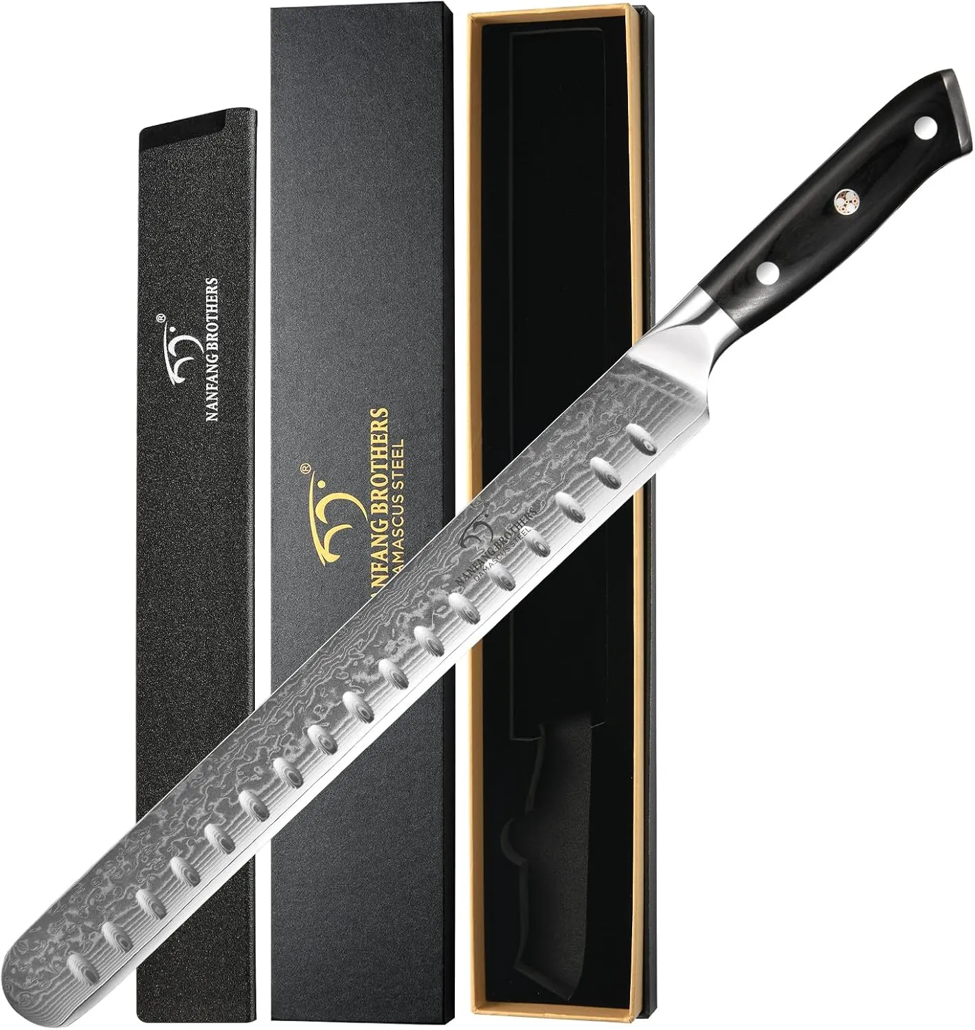 NANFANG BROTHERS Damascus Brisket Slicing Knife with Knife Sheath, 12 Inch Ultra Sharp Premium Carving Knife for Slicing Roasts, Meats, Fruits and Vegetables
