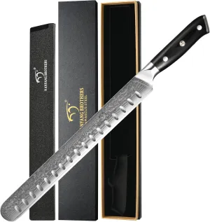 NANFANG BROTHERS Damascus Brisket Slicing Knife with Knife Sheath, 12 Inch Ultra Sharp Premium Carving Knife for Slicing Roasts, Meats, Fruits and Vegetables
