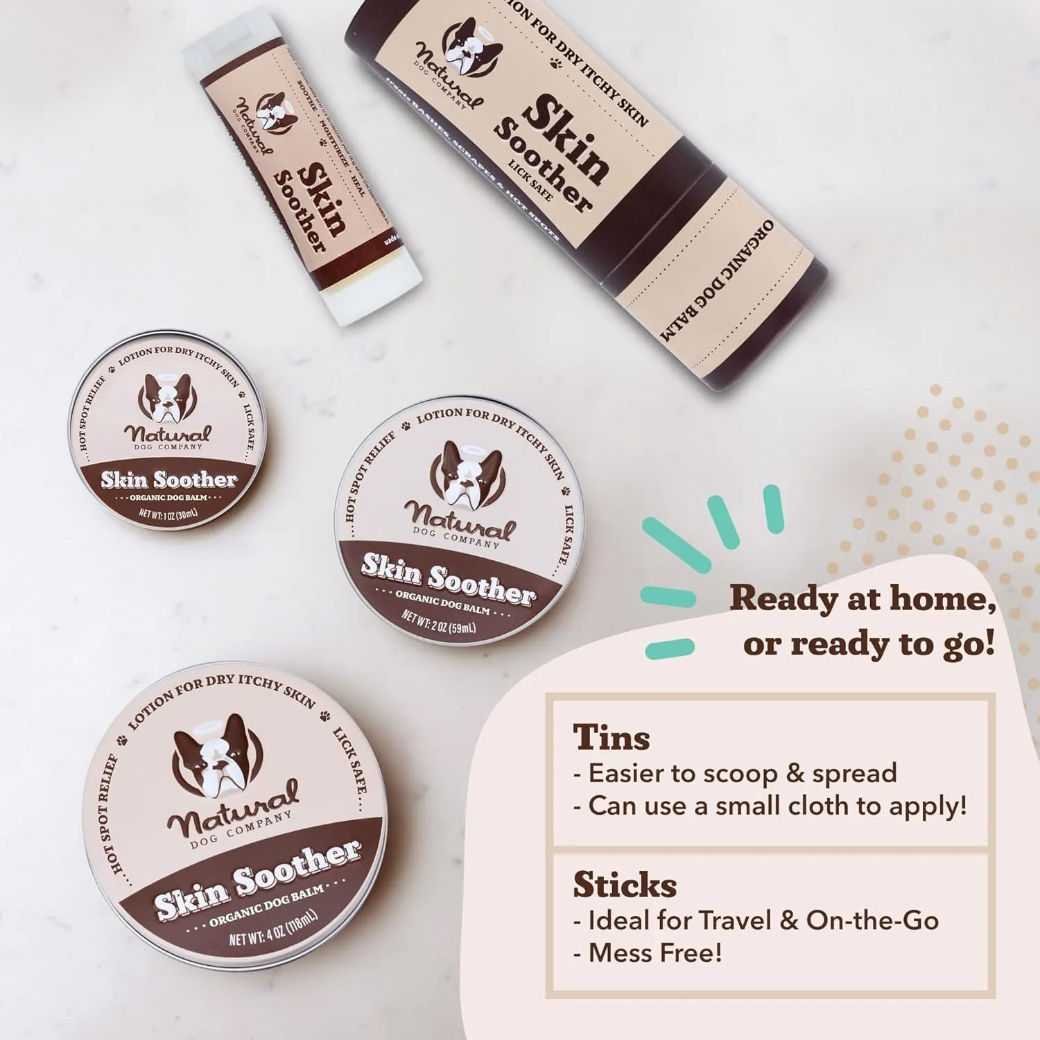 Natural Dog Company Skin Soother Bundle, Includes 2oz Tin   0.15oz Stick, All Natural Healing Balm for Dogs, Relieves Dry, Itchy Skin, Treats Skin Irritations, Wounds, Hot Spots, Dermatitis