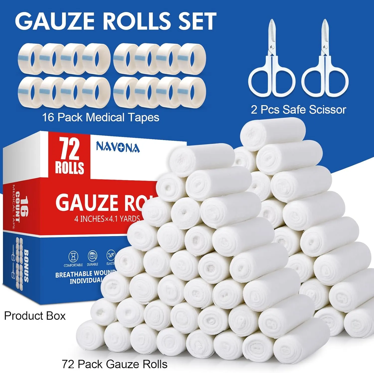 Navona 72 Pack Gauze Rolls Bandages, 4 in x 4.1 Yards, Individually Wrapped Breathable Rolled Gauze, Mummy Wraps, Premium First Aid Supplies & Medical Supplies for Wounds
