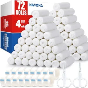 Navona 72 Pack Gauze Rolls Bandages, 4 in x 4.1 Yards, Individually Wrapped Breathable Rolled Gauze, Mummy Wraps, Premium First Aid Supplies & Medical Supplies for Wounds