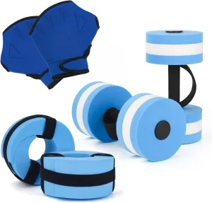 NEAGLORY 6 Pieces Aquatic Exercise Set Water Aerobics Set Pool Fitness Equipment Foam Water Dumbbell, Swim Aquatic Cuffs, Swimming Gloves for Exercise, Blue