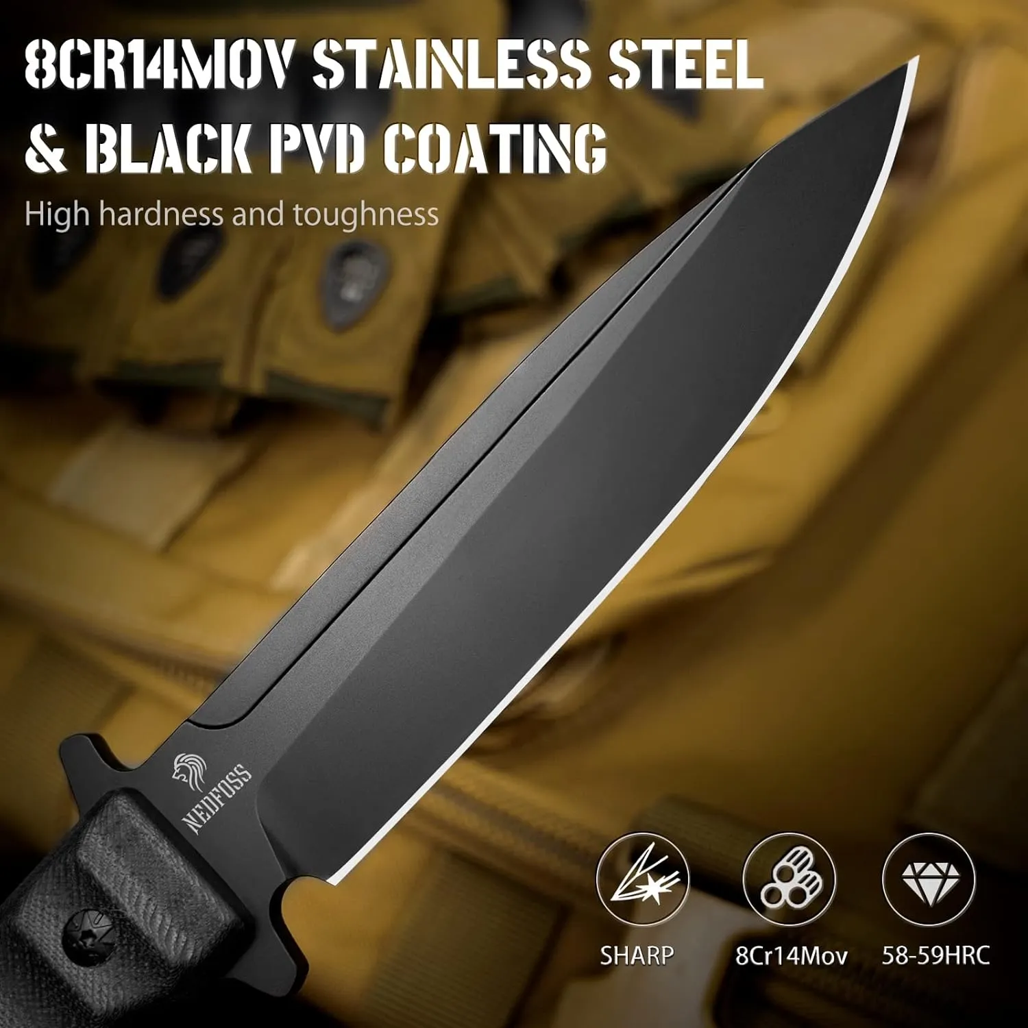 NedFoss BLACK PHOENIX Hunting Knife with Kydex Sheath, 5.5" 8Cr14Mov Survival Fixed Blade Knife with Full Tang G10 Handle, Bushcraft Camping and Tacitical Gifts for Men