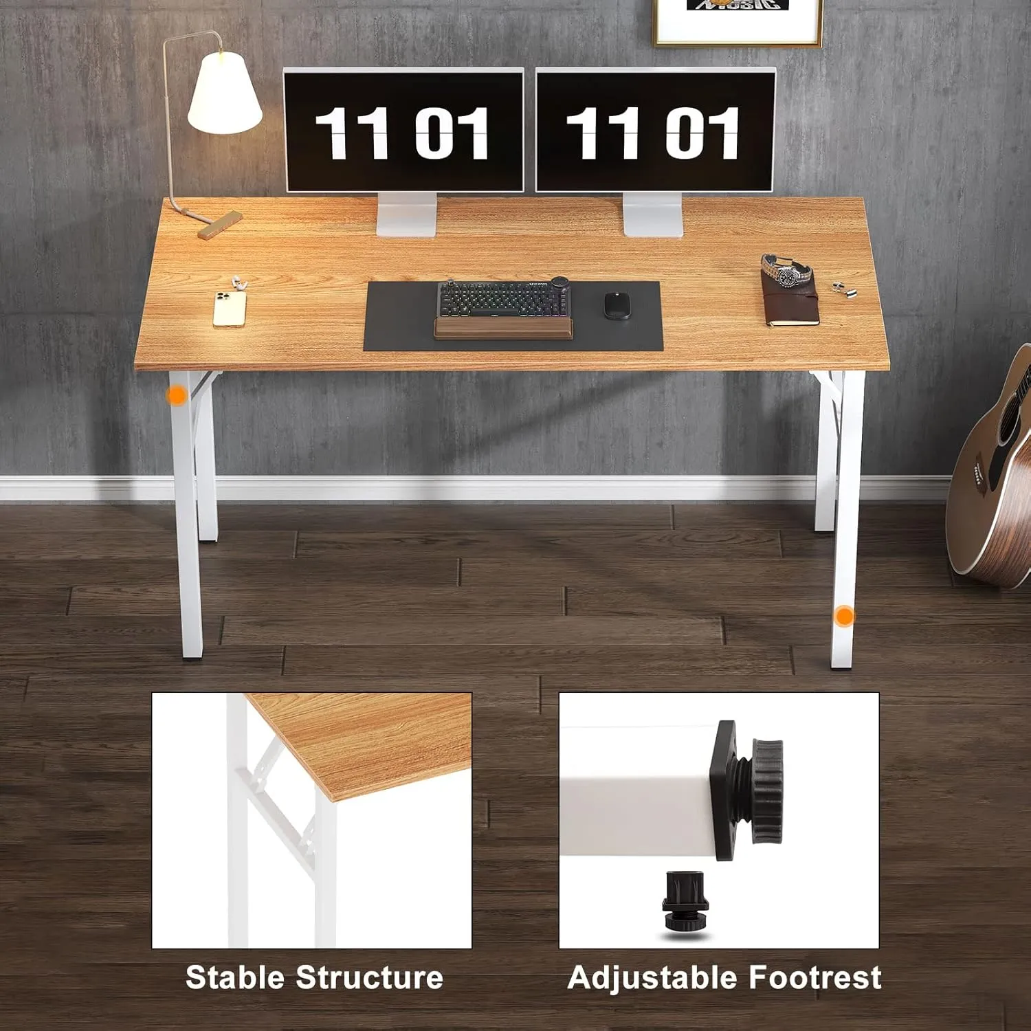 Need Computer Desk Office Desk 62 inches Folding Table with BIFMA Certification Conference Table Workstation,Teak White