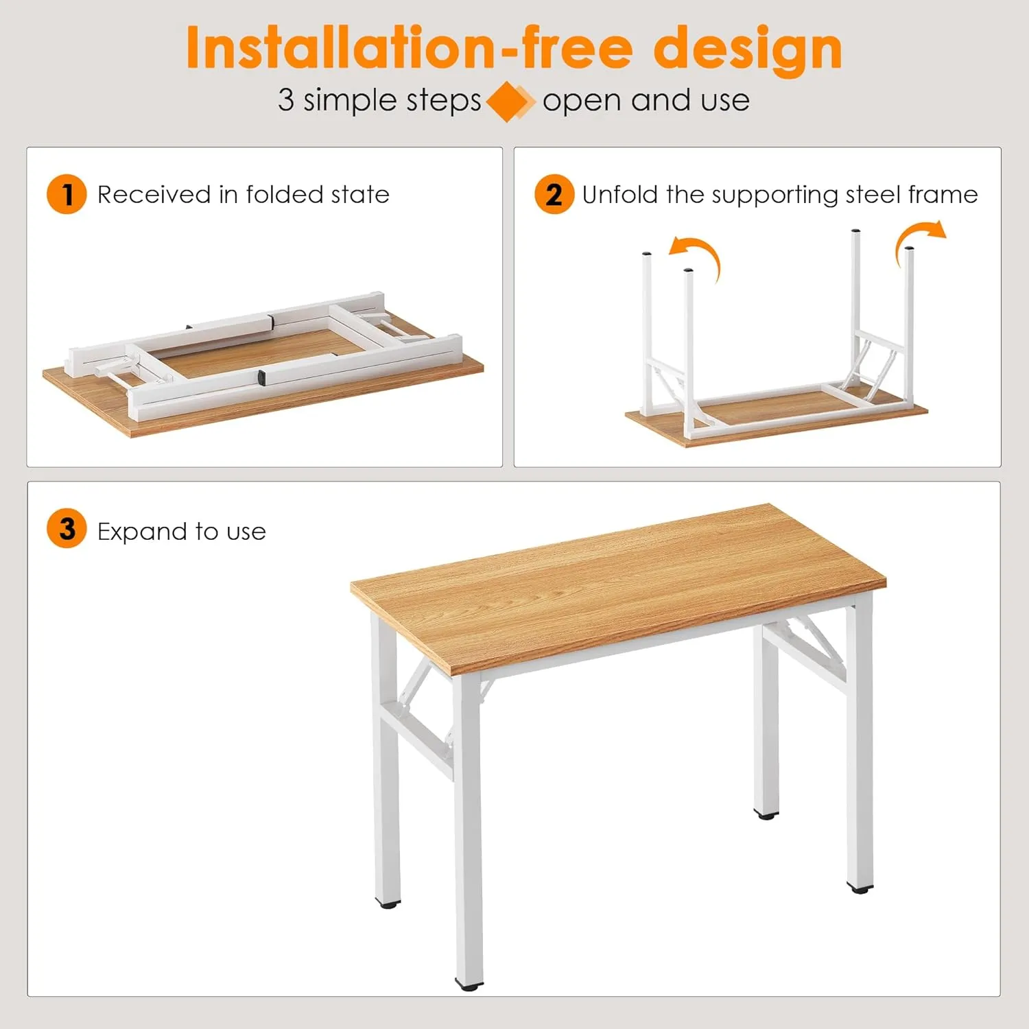 Need Folding Computer Desk - 39.4 Inch Foldable Office Writing Work Study Kids Student Teacher Home Bedroom Table for Small Space, Teak & White