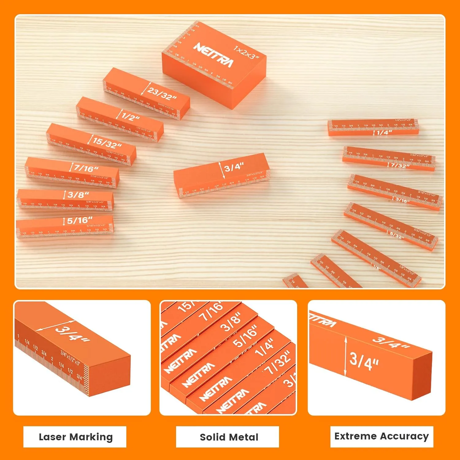 Neitra Setup Blocks Woodworking - 15 PCS Aluminum Height Gauge Blocks Set - Woodworking Measuring Tools Precision Setup Bars for Router and Table Saw