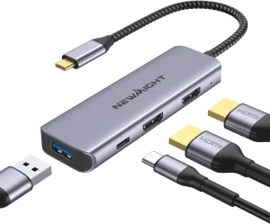 Newmight 4 in 1 USB C to Dual HDMI Adapter 4K@30Hz with 100W PD Charging, USB-A Port, HDMI Adapter for Dual Monitors for MacBook Pro Air, HP, Dell, iPhone 15 Series