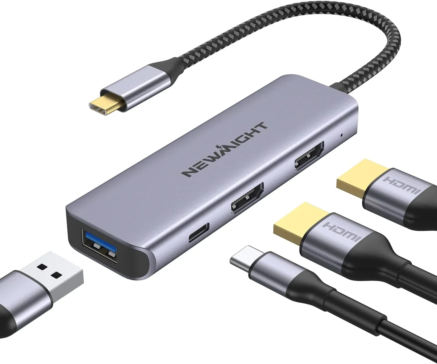 Newmight 4 in 1 USB C to Dual HDMI Adapter 4K@30Hz with 100W PD Charging, USB-A Port, HDMI Adapter for Dual Monitors for MacBook Pro Air, HP, Dell, iPhone 15 Series