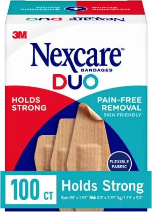 Nexcare Duo Bandages - Painless Removal, Strong Adhesive, Flexible Fabric - 100 Pack Assorted