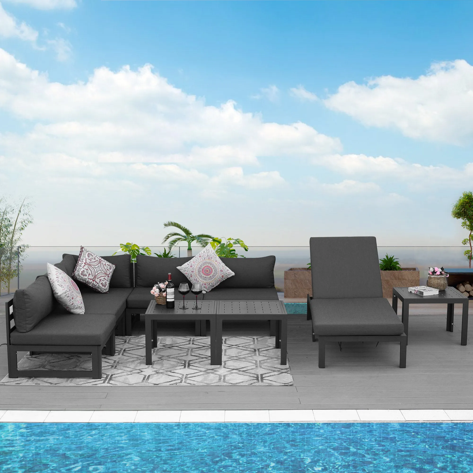 NICESOUL Aluminum Outdoor Sofa and Table 6 Seater 9-piece with Chaise Lounge