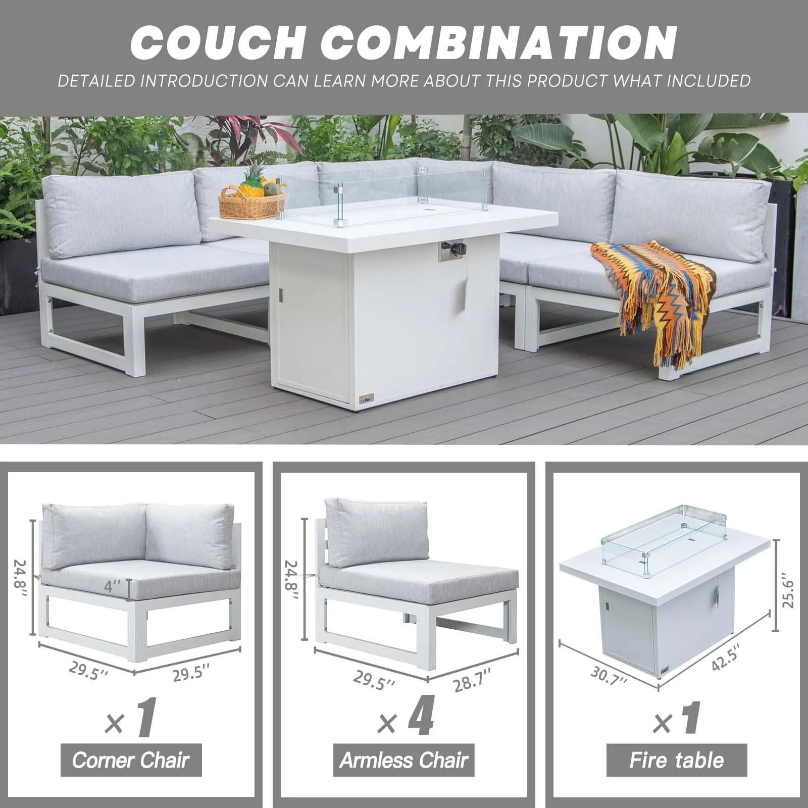 NICESOUL Aluminum Patio Sofa with Fire Pit 5 Seater 7-Piece