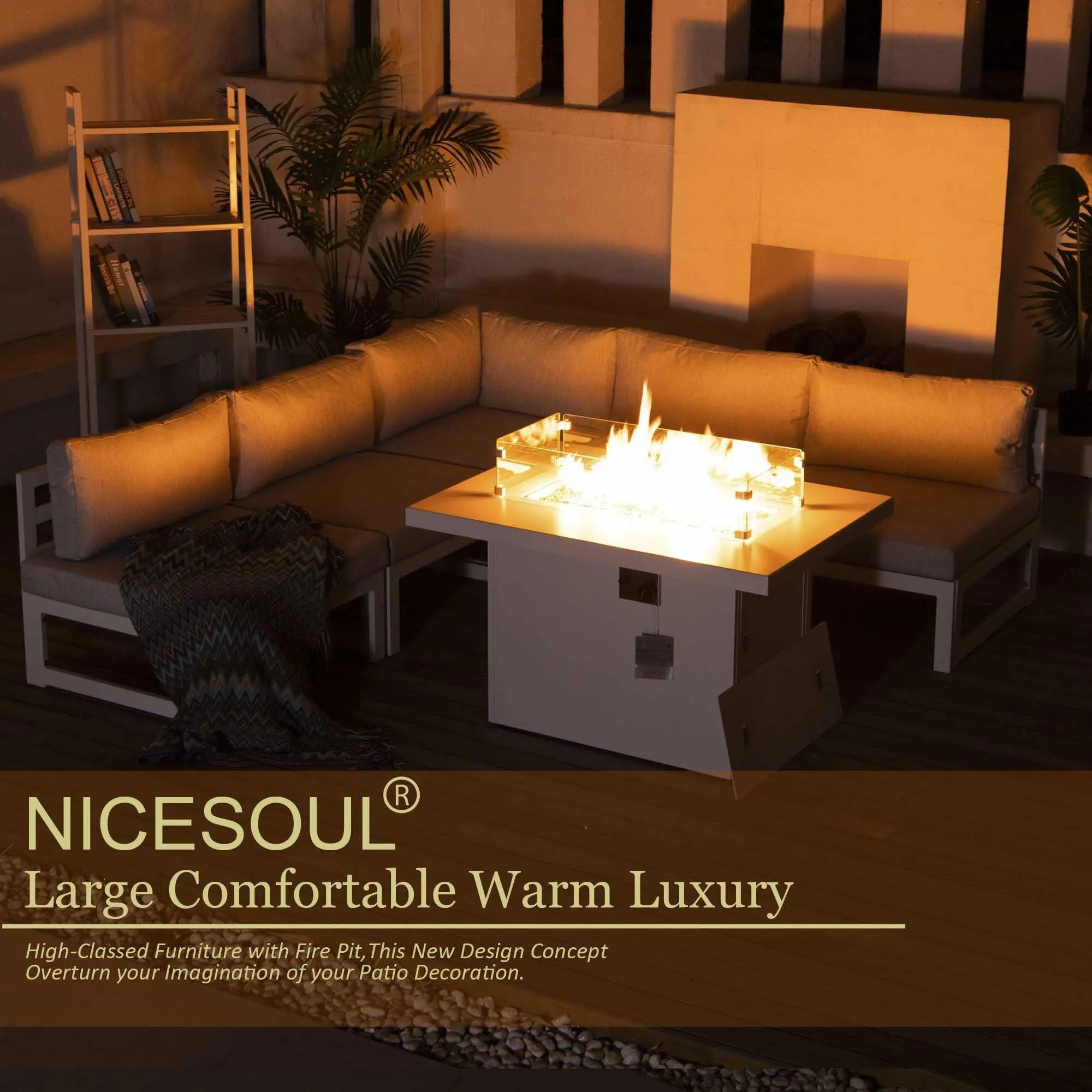 NICESOUL Aluminum Patio Sofa with Fire Pit 5 Seater 7-Piece