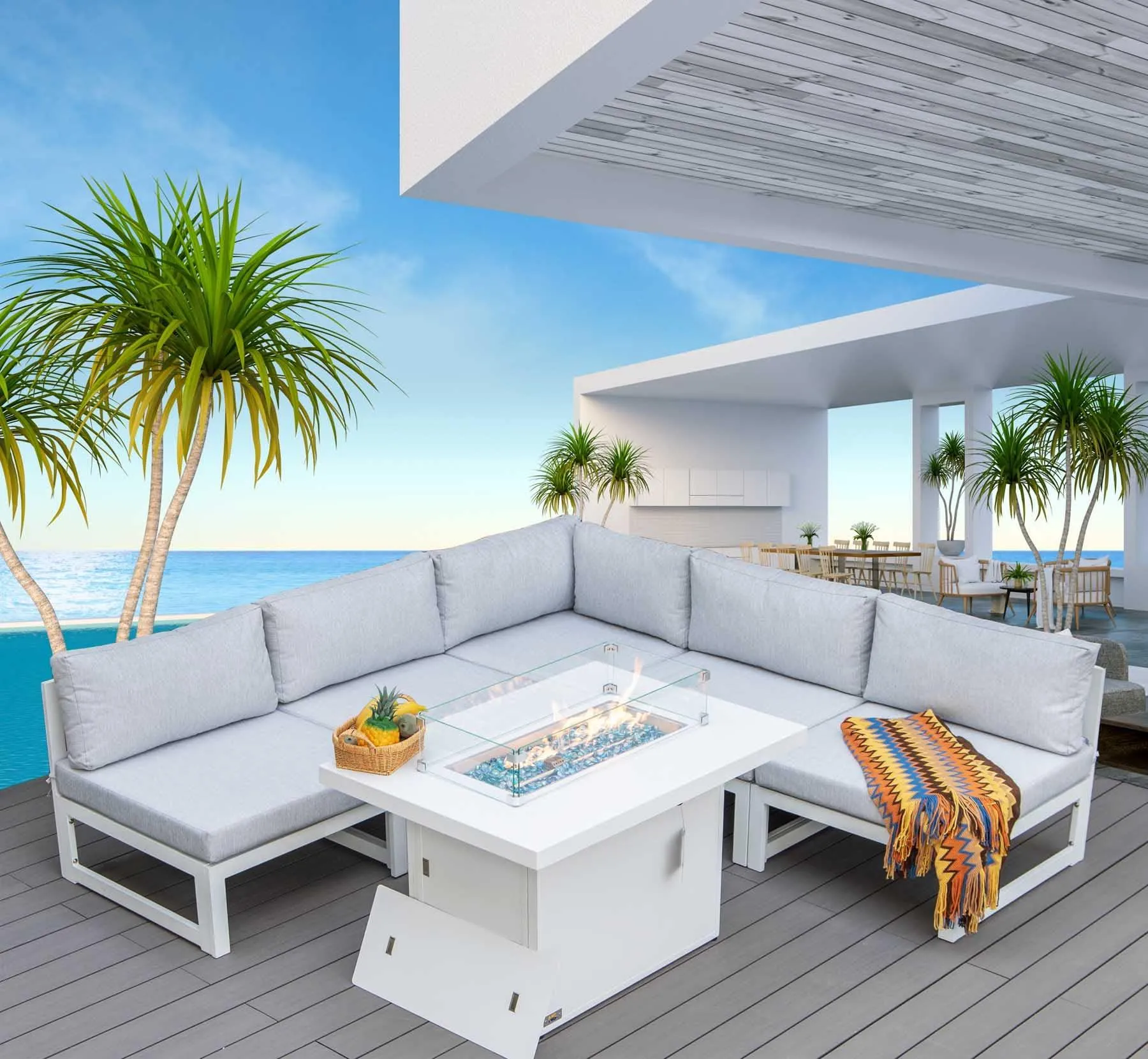 NICESOUL Aluminum Patio Sofa with Fire Pit 5 Seater 7-Piece