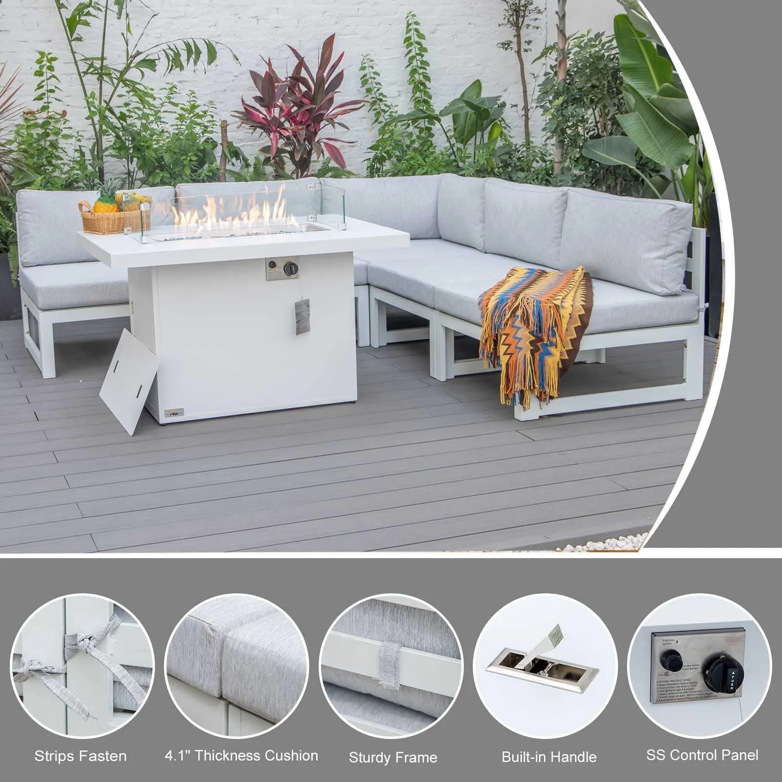 NICESOUL Aluminum Patio Sofa with Fire Pit 5 Seater 7-Piece