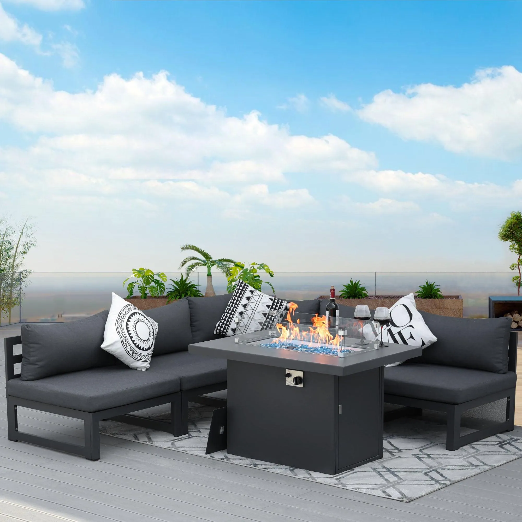 NICESOUL Aluminum Patio Sofa with Fire Pit 5 Seater 7-Piece