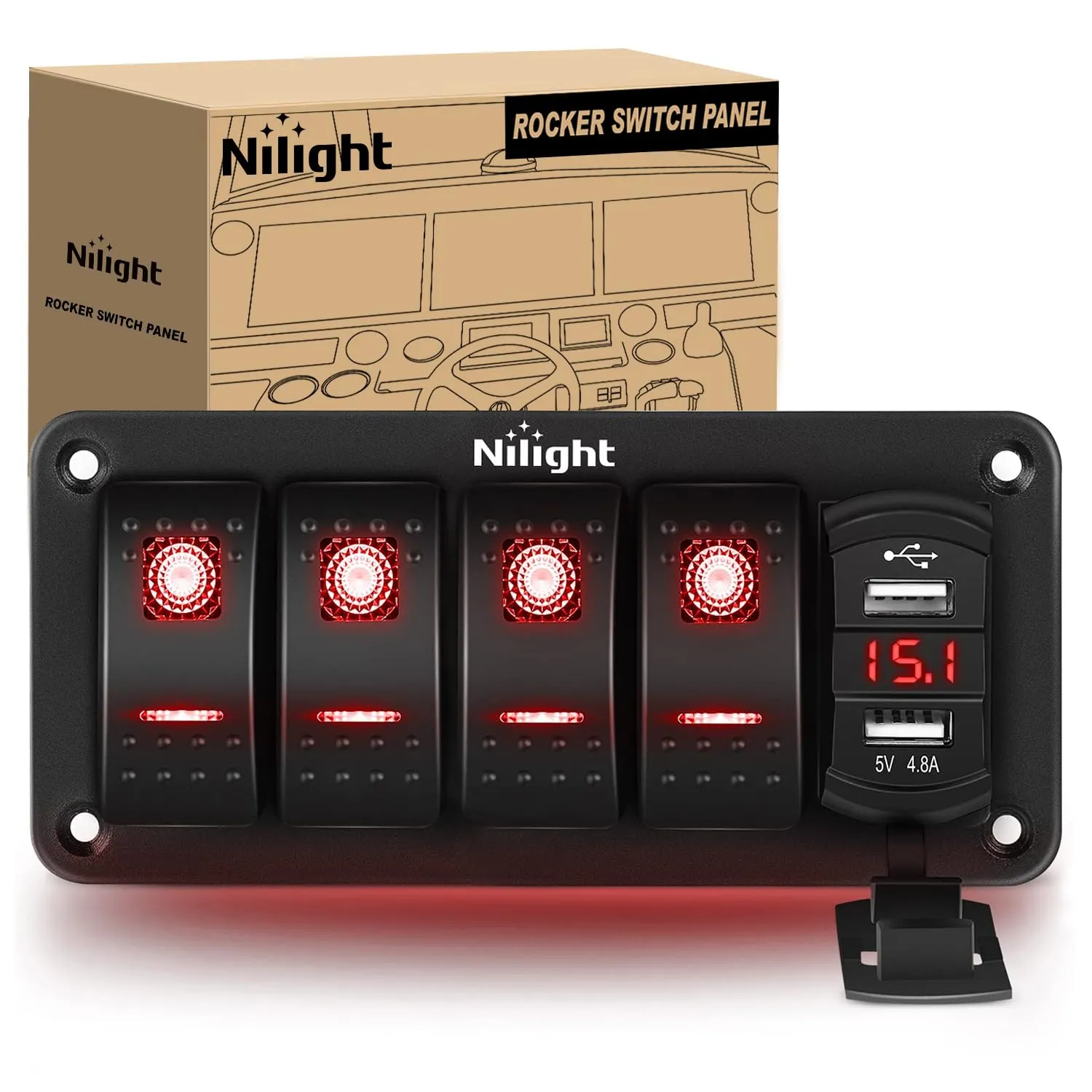 Nilight 4 Gang Rocker Switch Panel Red Backlit with 4.8 Amp Dual USB Charger Voltmeter Waterproof 12V 24V DC Night Glow Stickers for Car Trucks Boats RVs