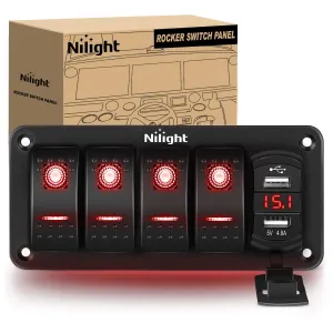 Nilight 4 Gang Rocker Switch Panel Red Backlit with 4.8 Amp Dual USB Charger Voltmeter Waterproof 12V 24V DC Night Glow Stickers for Car Trucks Boats RVs