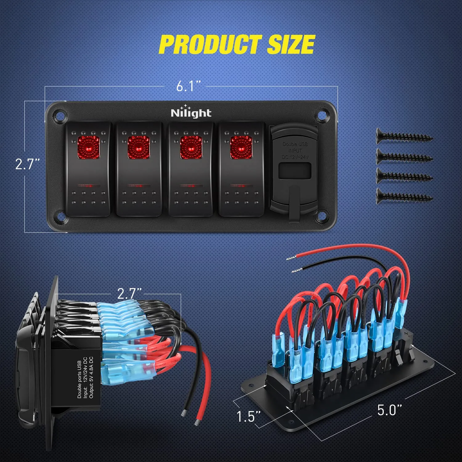 Nilight 4 Gang Rocker Switch Panel Red Backlit with 4.8 Amp Dual USB Charger Voltmeter Waterproof 12V 24V DC Night Glow Stickers for Car Trucks Boats RVs
