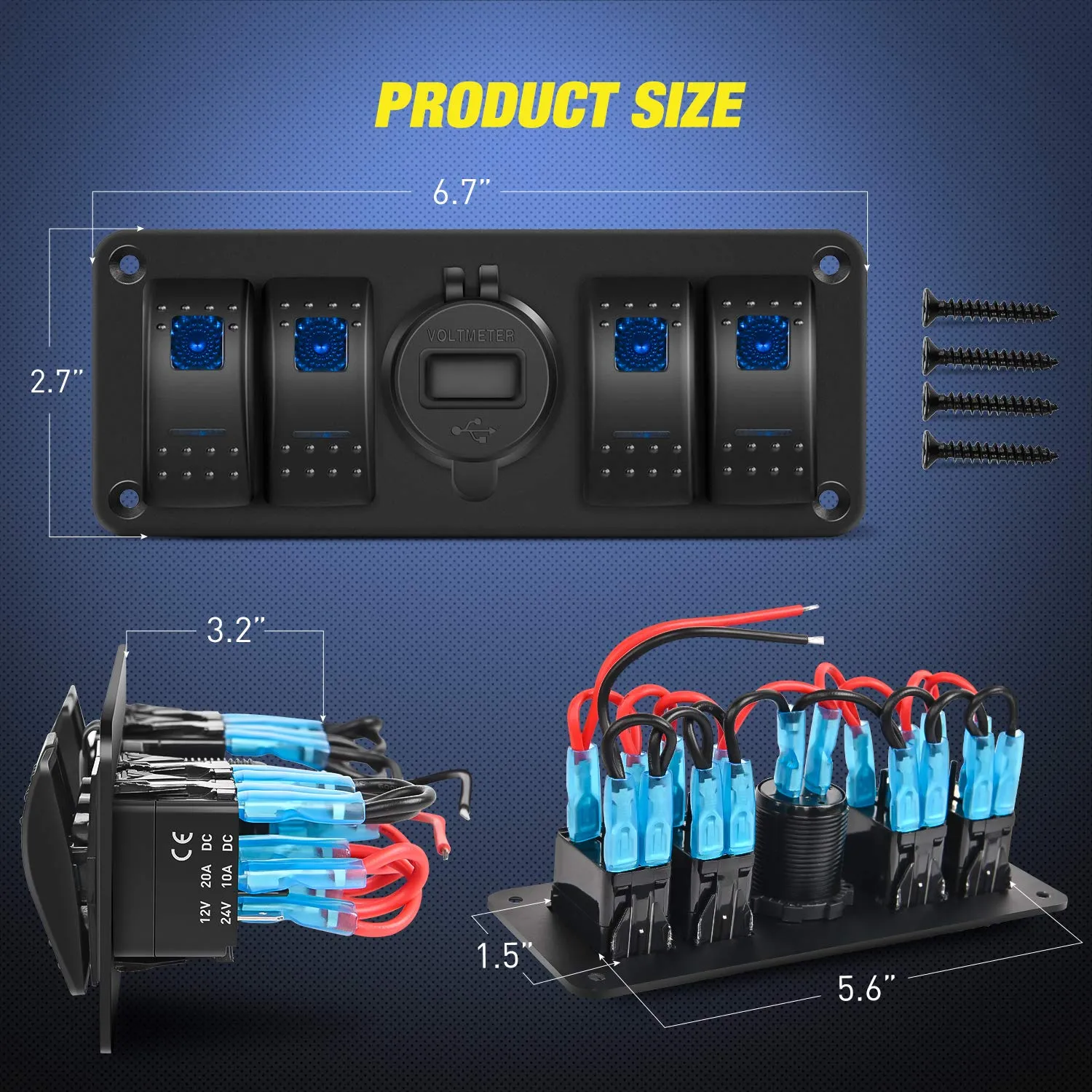 Nilight 4 Gang Rocker Switch Panel with QC3.0 Dual USB Charger Voltmeter Waterproof and Night Glow Stickers 12V-24V DC for Cars Trucks Boats RV