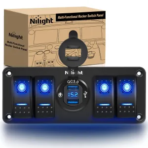 Nilight 4 Gang Rocker Switch Panel with QC3.0 Dual USB Charger Voltmeter Waterproof and Night Glow Stickers 12V-24V DC for Cars Trucks Boats RV