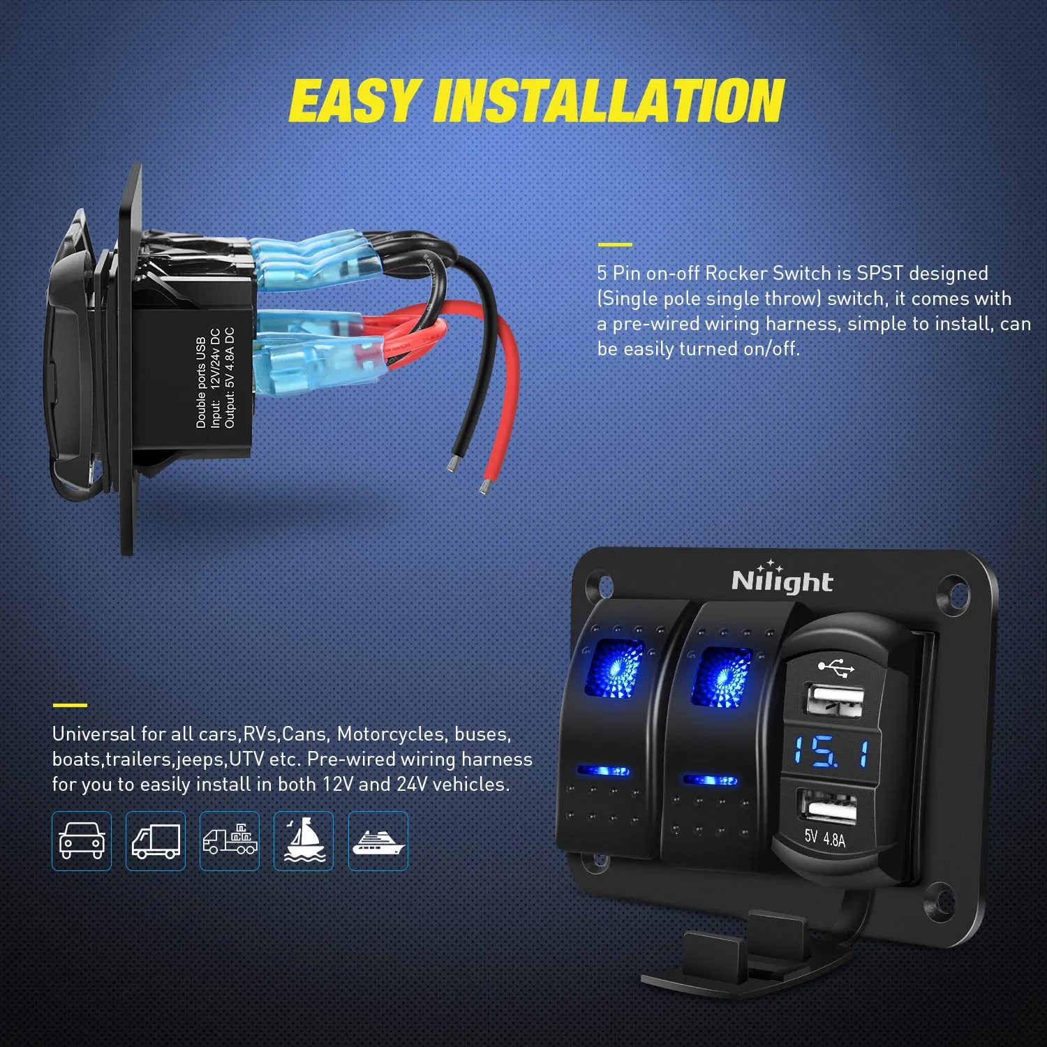 Nilight - 90116C 2 Gang Rocker Switch Panel with 4.8 Amp Dual USB Charger Voltmeter Waterproof 12V-24V DC Rocker Switch with Night Glow Stickers for CarsTrucks Boats RVs,Blue