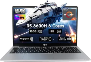 NIMO 15.6 Gaming-Laptop, 6-Cores AMD Ryzen 5 6600H 660M 6nm GPU, 32GB DDR5 1TB SSD(up to 4.5GHz) 100W Type-C FHD IPS Business-Laptop-Computer with Fingerprint Backlit Keyboard WiFi5 Win11