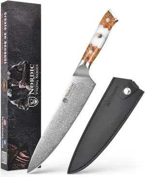 Nordic New Viking Series Professional 8 Inch Chef Knife, Japanese VG10 Super Steel, 67 Layers Razor Sharp Damascus Steel, Resin & Wood Handle, Leather Sheath