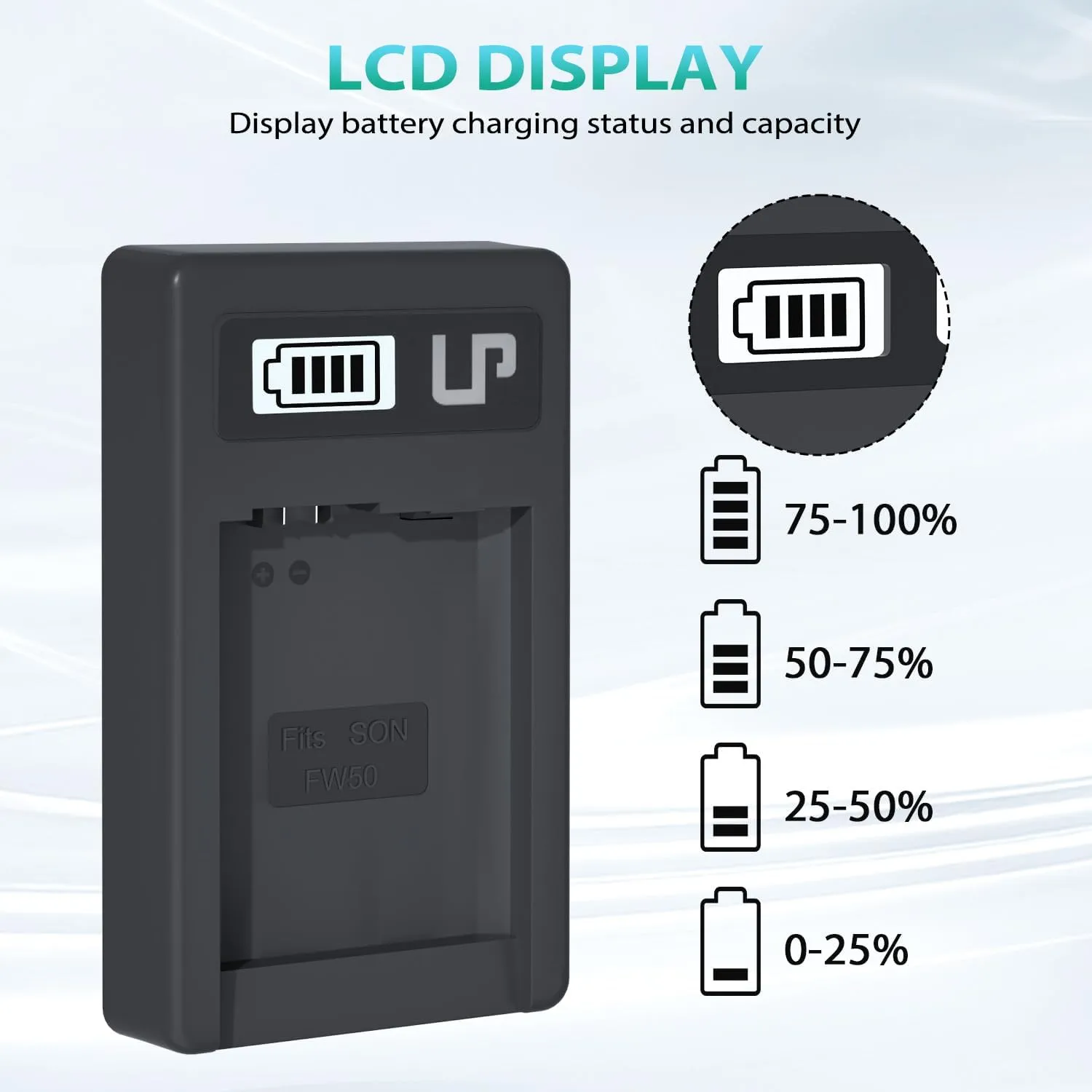 NP-FW50 Battery Charger, LP LCD Display USB Charge Port Station, Compatible with Alpha A6000, A6400, A6100, A6300, A6500, A5100, A7, A7 II, A7R, A7R II, A7S, A7S II, RX10, NEX-3/5/7 Series & More