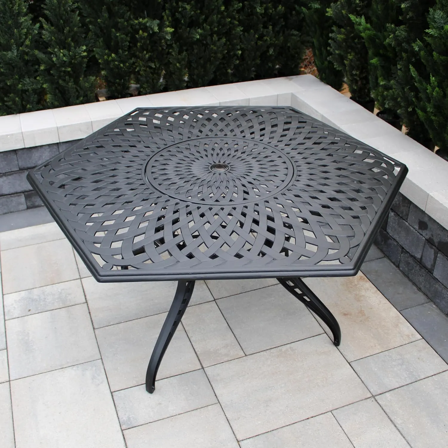 Oakland Living 1822-HEX-63-MESH-TABLE-LAZY-LBK Black Modern Outdoor Mesh Aluminum 63-in Large Hexagon Patio Dining Table with Lazy Susan