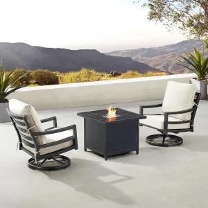 Oakland Living Black Aluminum Patio Fire Table Bistro Set with Two Club Chairs with Light Grey Cushions