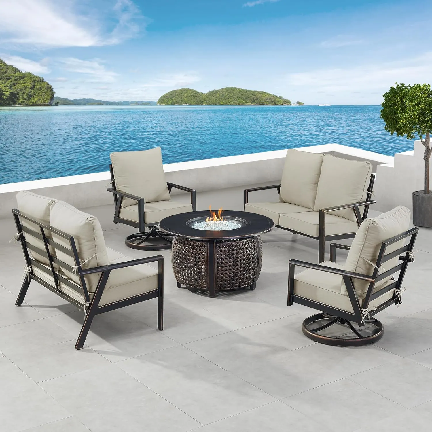 Oakland Living Black Aluminum Patio Fire Table Set with Two Deep Seating Loveseat with Cushions and Two Club Chairs with Light Grey Cushions