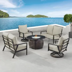 Oakland Living Black Aluminum Patio Fire Table Set with Two Deep Seating Loveseat with Cushions and Two Club Chairs with Light Grey Cushions
