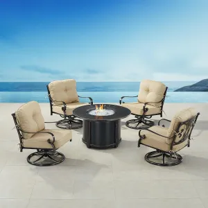 Oakland Living POPPY-4CH-NOBU-TNCU-IB-AC Black Aluminum Patio Fire Table Set with Four Club Chairs, Antique Copper