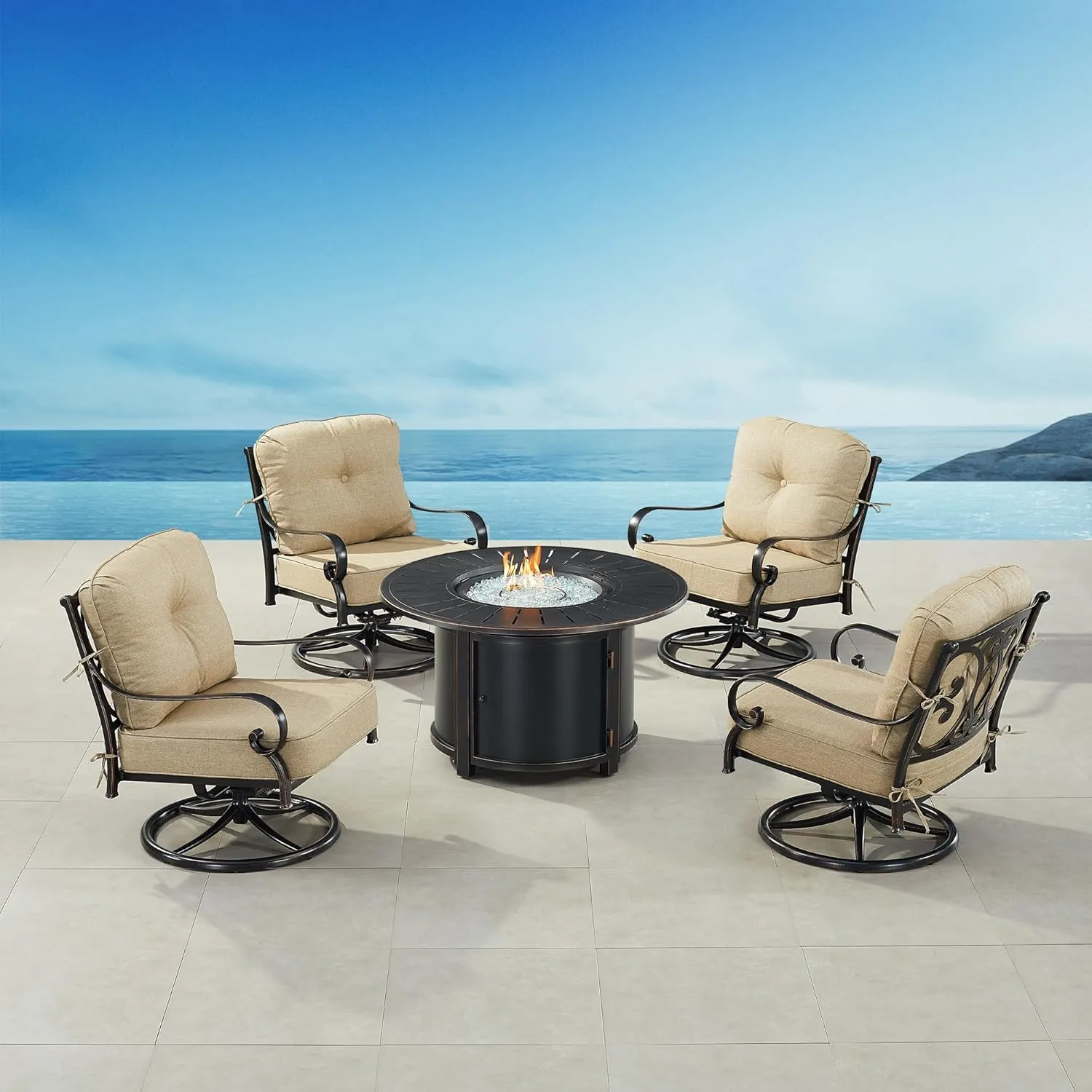 Oakland Living POPPY-4CH-NOBU-TNCU-IB-AC Black Aluminum Patio Fire Table Set with Four Club Chairs, Antique Copper