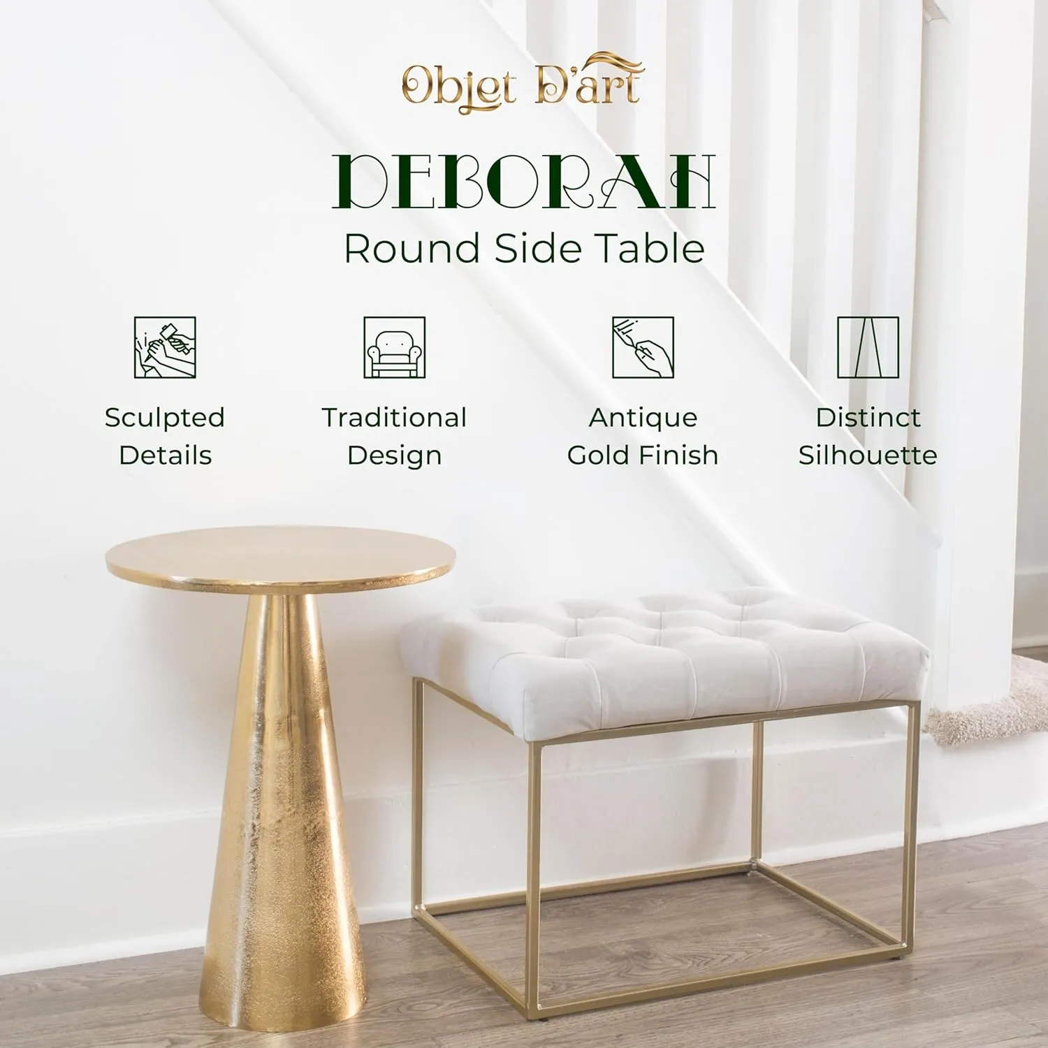OBJET D'ART Small Round Bronze Side Table, Deborah, 21" Height, Vintage Metal Accent, Side, Pedestal, Coctail and Drink Tables for Living Room and Small Spaces