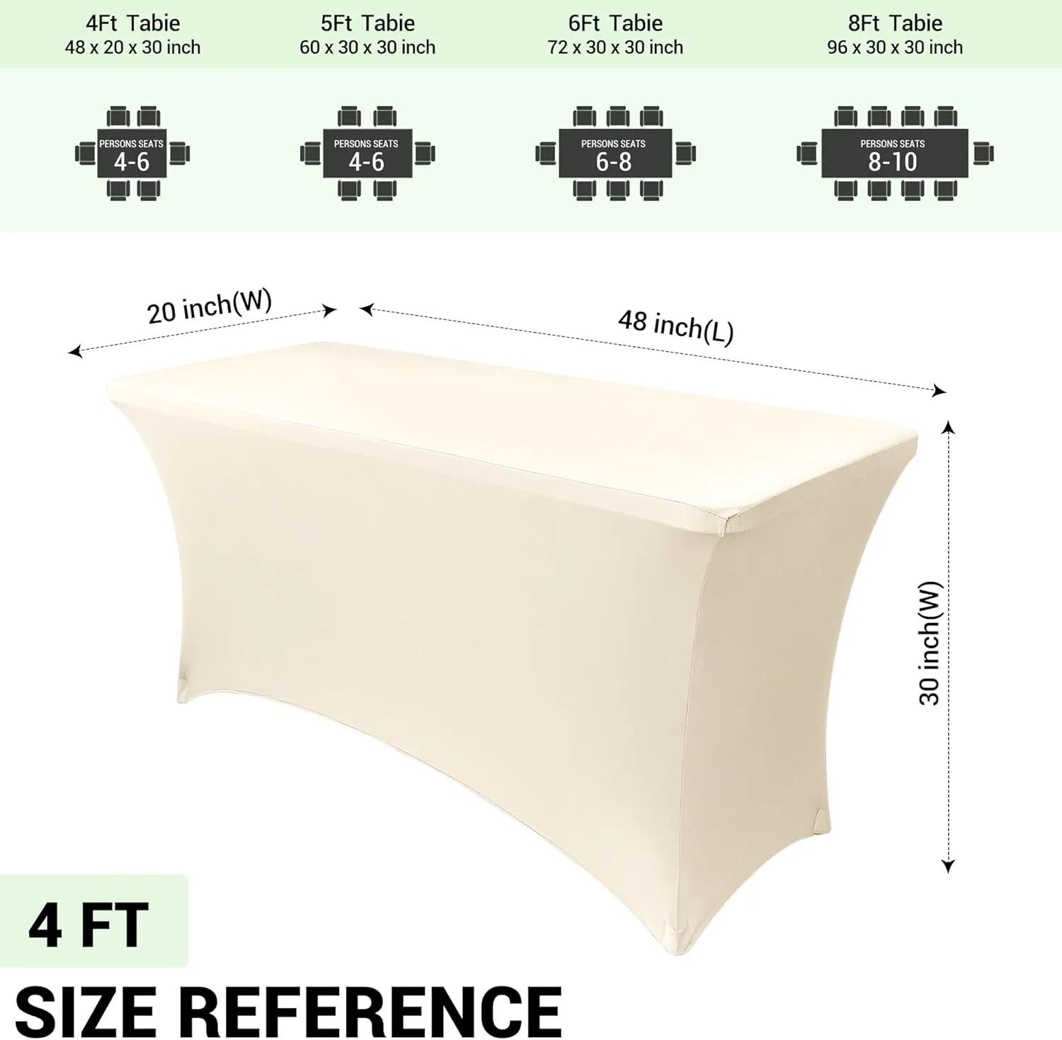 Obstal 4Ft Stretch Spandex Table Cover for Standard Folding Tables - 2 Pack Universal Rectangular Fitted Tablecloth for Party, Banquet, Events, Trade Show (Cream, 48L x 24W x 30H Inches)