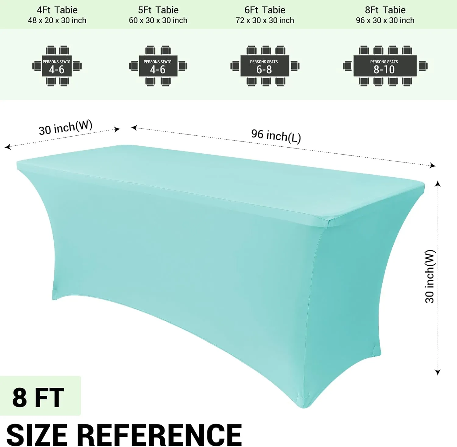 Obstal 6 Pack Stretch Spandex Table Covers for 8 Foot Tables - 8 FT Rectangular Fitted Tablecloth Protector for Wedding, Banquet, Party (Turquoise Blue, 96'' Length x 30'' Width x 30'' Height)