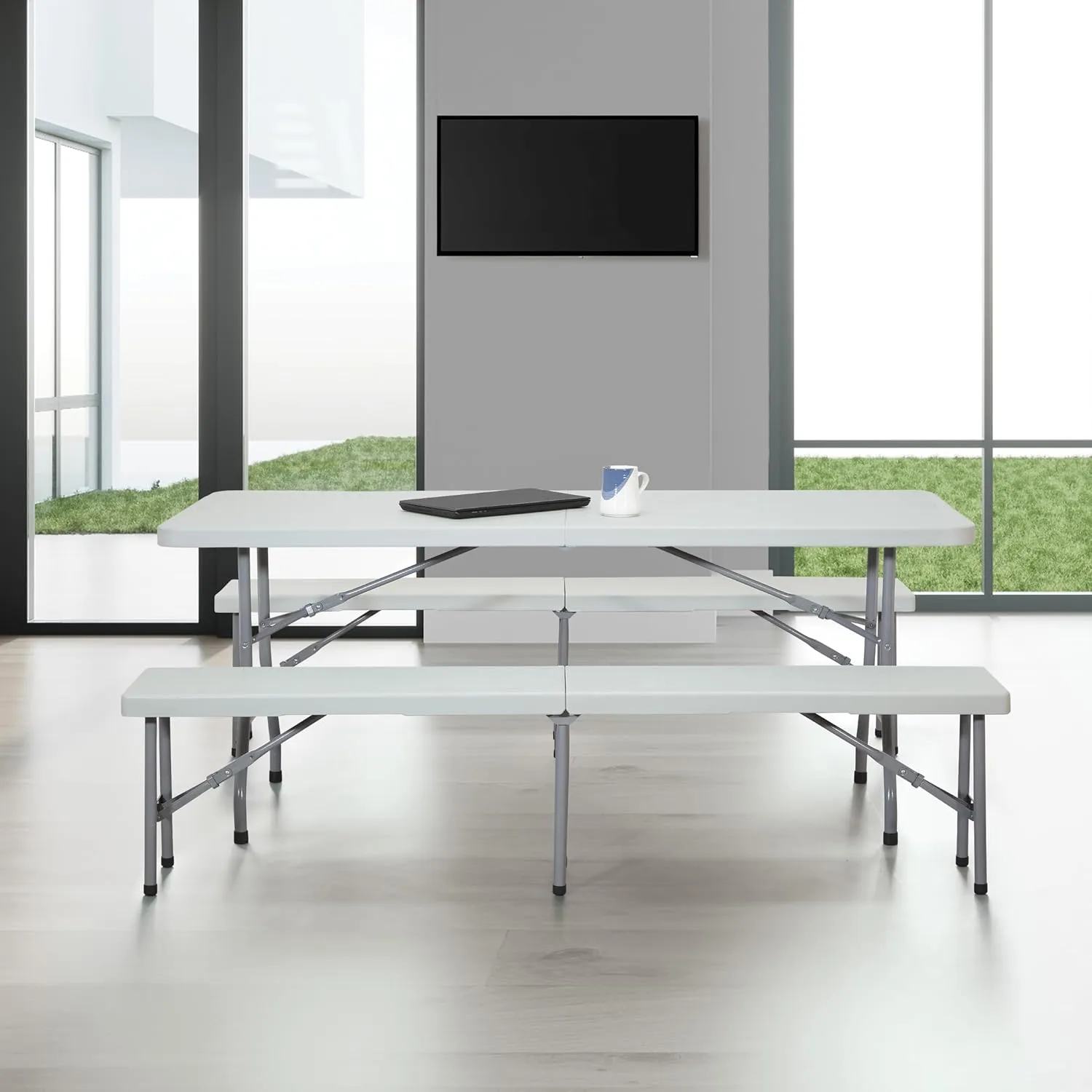Office Star Resin Furniture for Indoor or Outdoor Use, 3-Piece Set, 2 Folding Benches and 6 Foot Table
