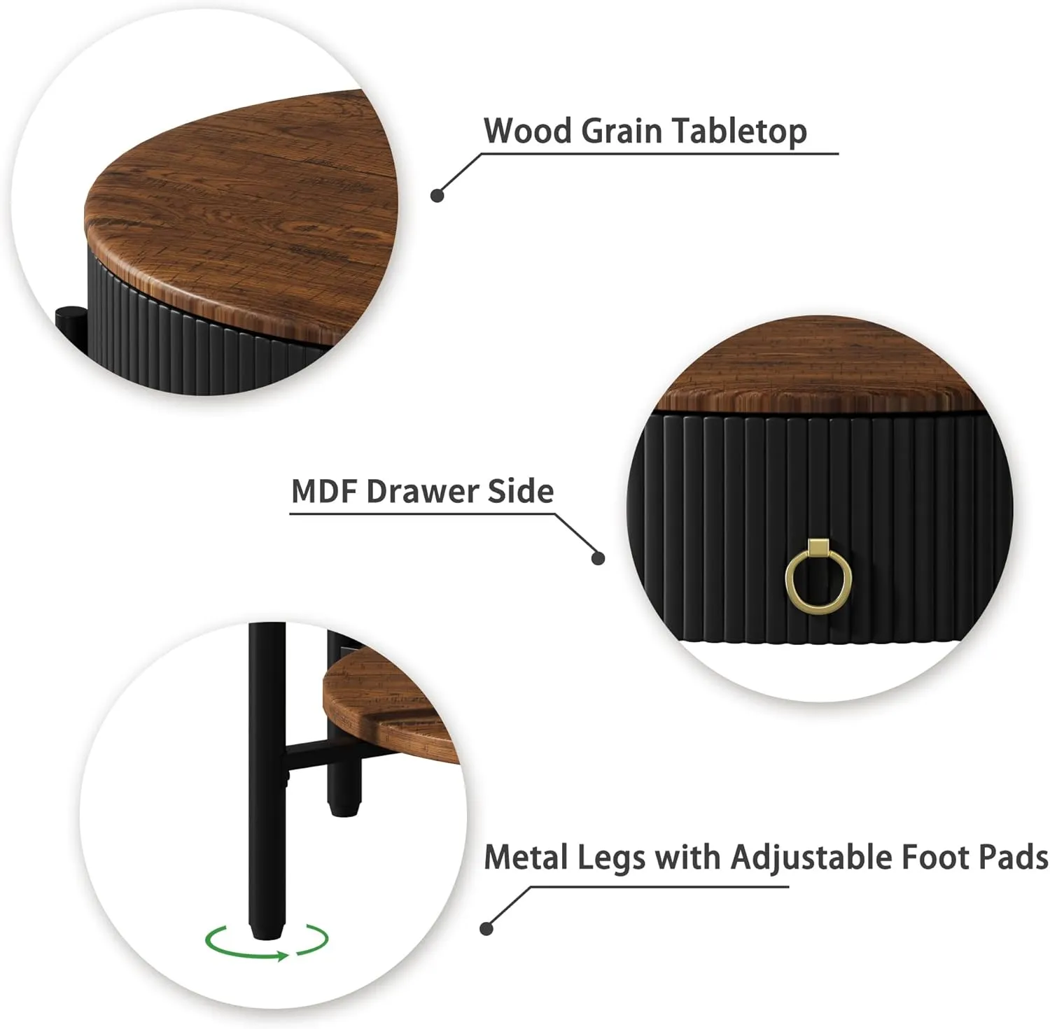 OIOG Modern Side Table with Drawer, Industrial 2 Tier End Table with Shelf, Wood Grain Nightstand with Storage for Living Room, Bedroom, Office, Dorm, Black