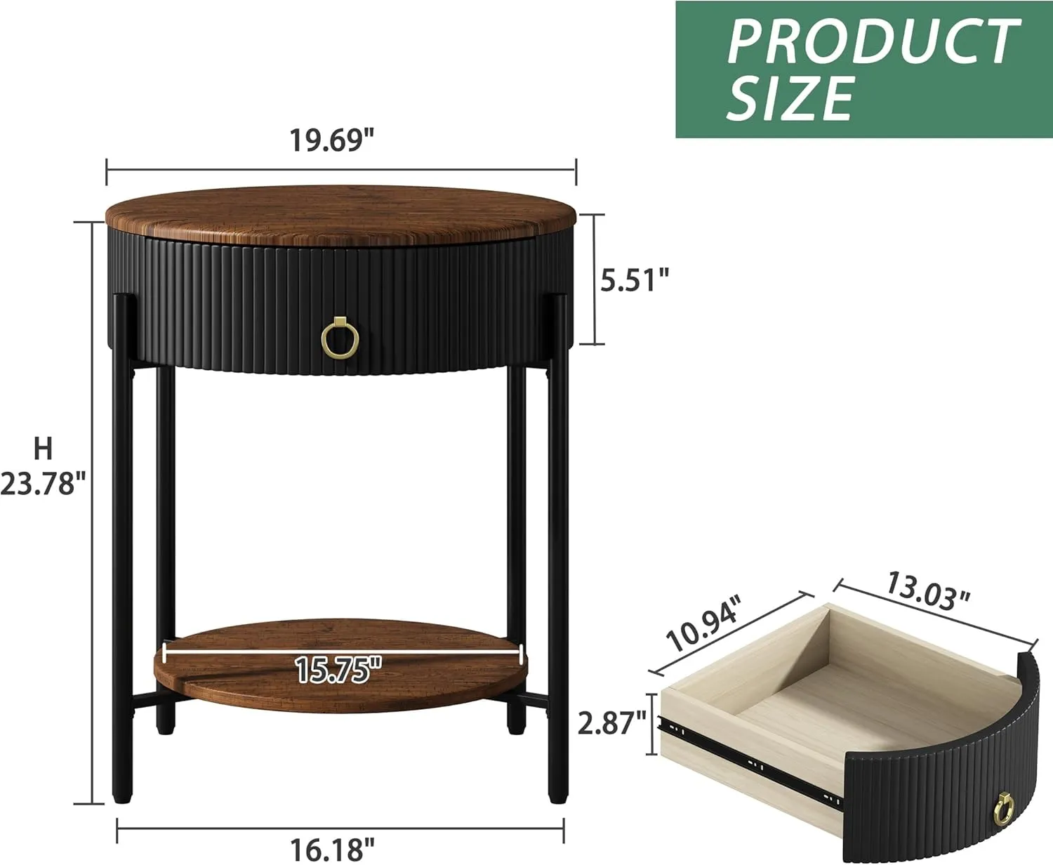OIOG Modern Side Table with Drawer, Industrial 2 Tier End Table with Shelf, Wood Grain Nightstand with Storage for Living Room, Bedroom, Office, Dorm, Black