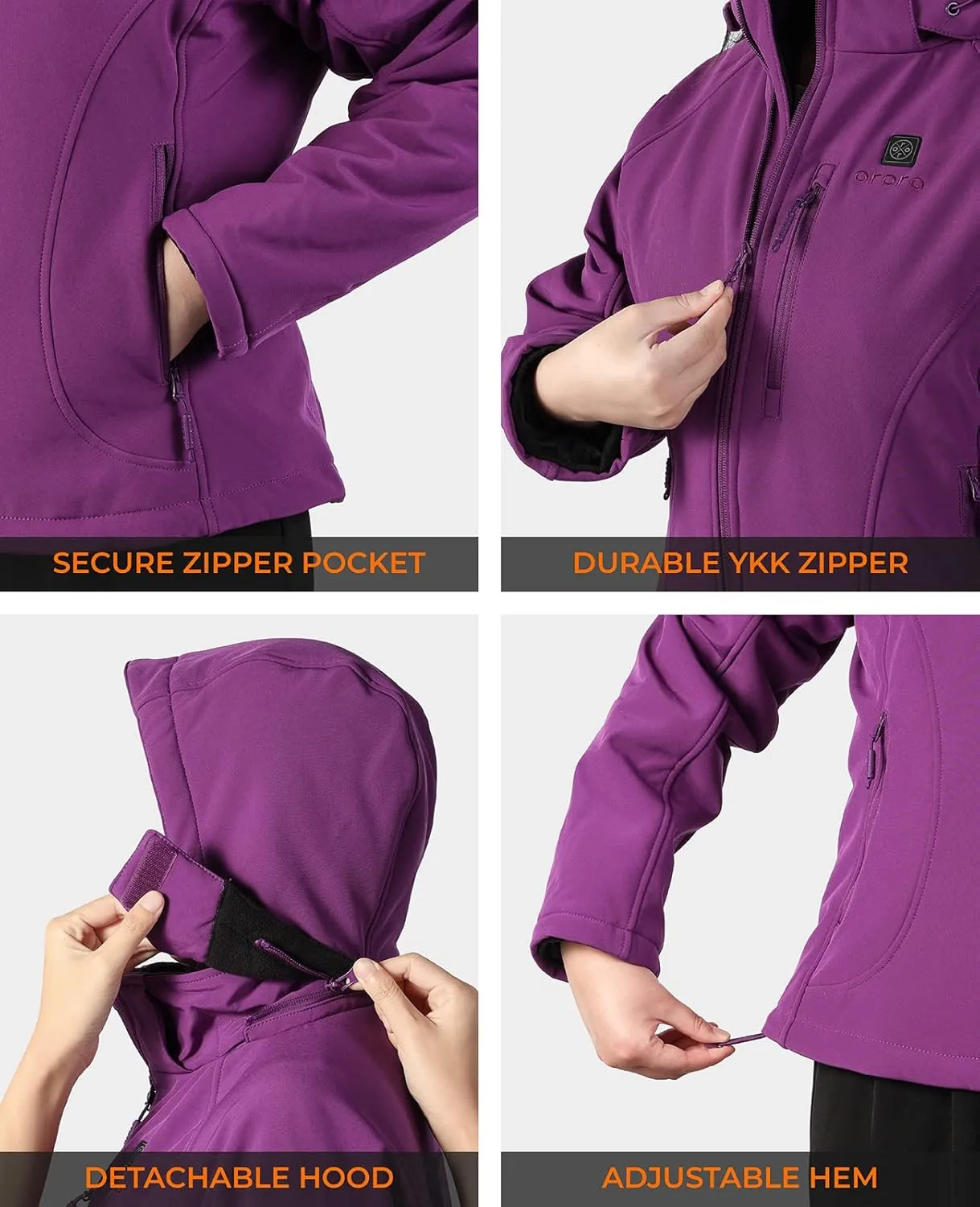 ORORO Women's Slim Fit Heated Jacket with Battery, Heated Coat with Detachable Hood (Charger Not Included)