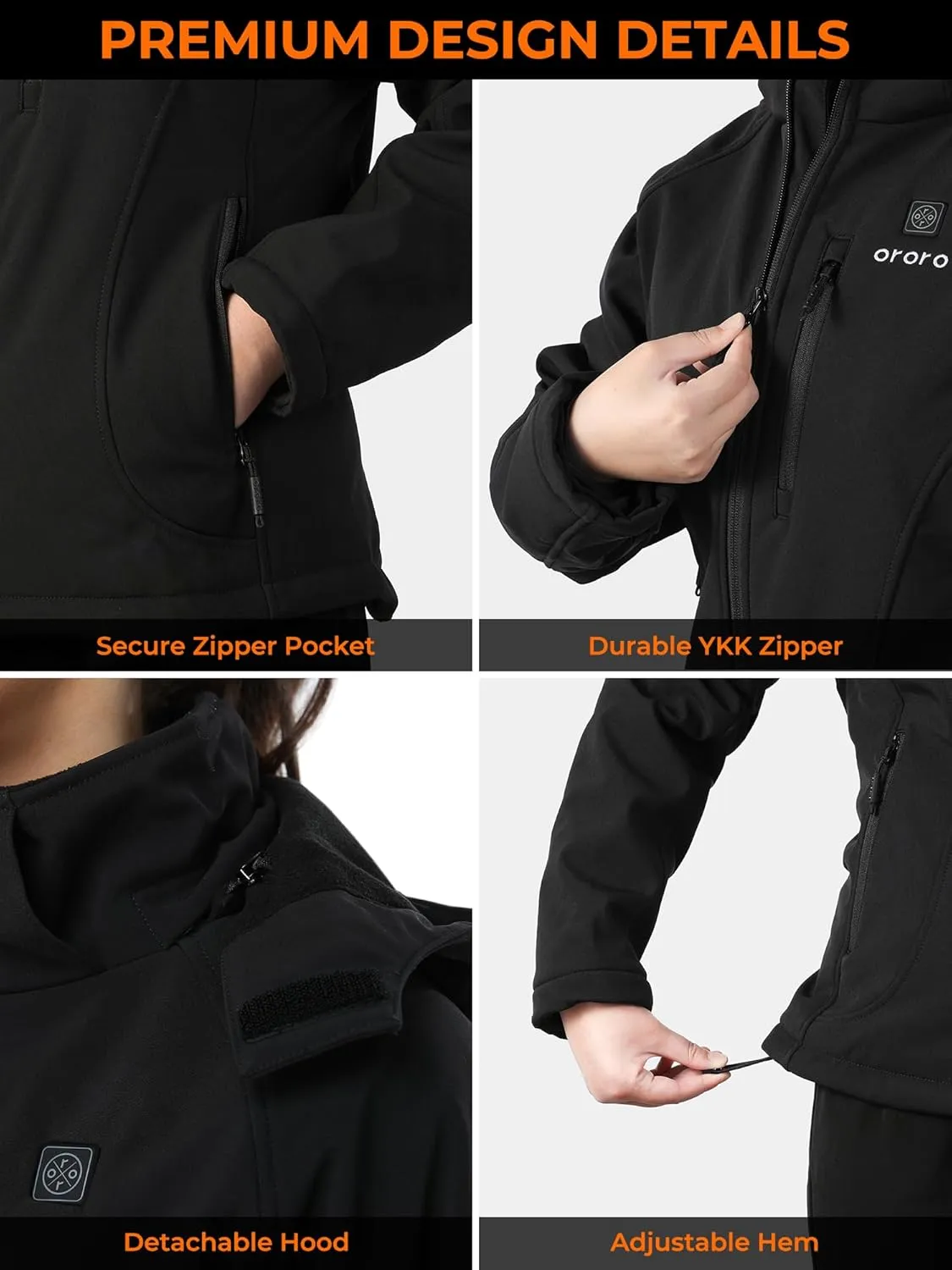 ORORO Women's Slim Fit Heated Jacket with Battery, Heated Coat with Detachable Hood (Charger Not Included)